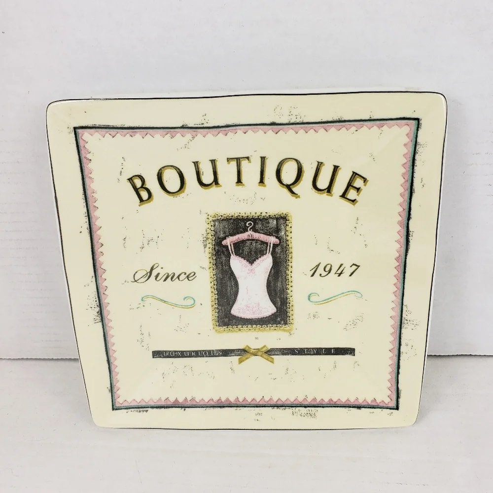 3 Sakura Vintage Boutique Square Stoneware Salad Dessert Plates Paris Motif